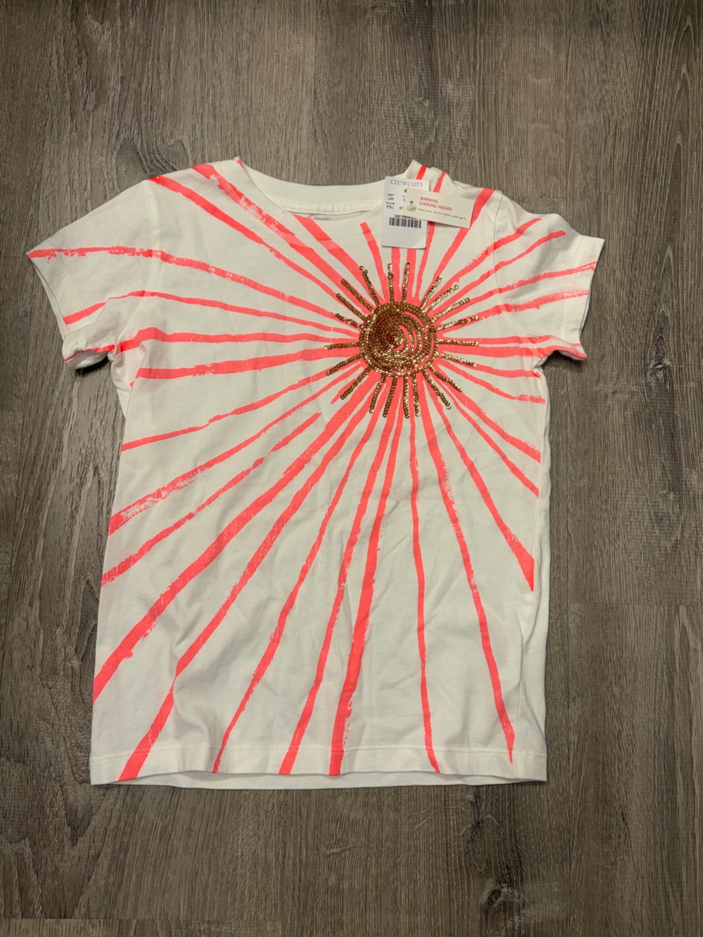 Girl's Crewcuts White Tee with Neon Coral Sunburst and Gold Sequins- Size 8- NWT